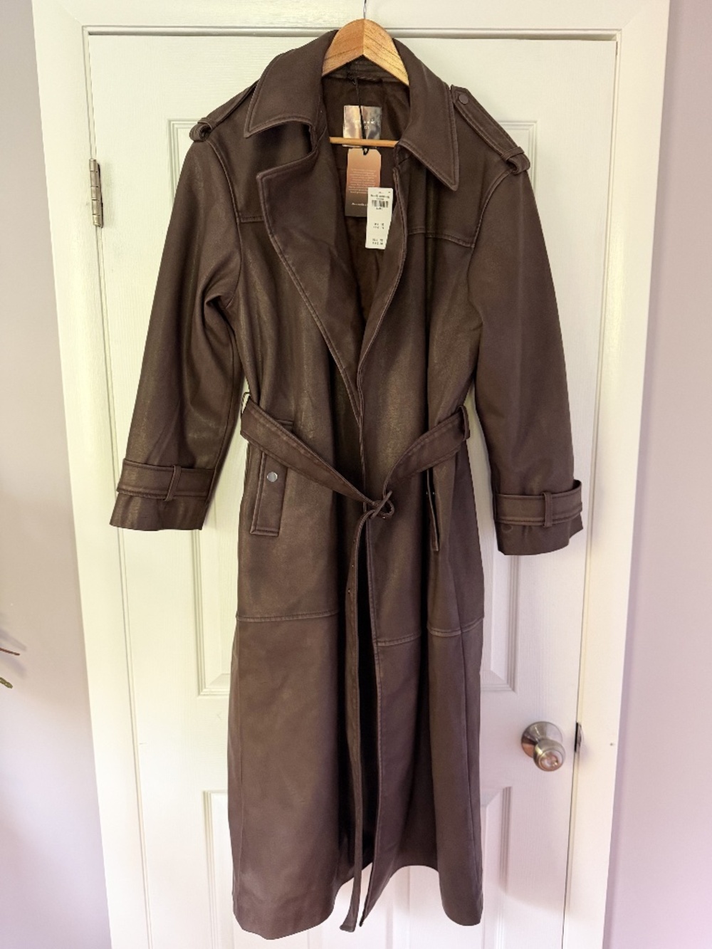 NWT Abercrombie and Fitch Vegan Leather Trench Coat Dark Brown